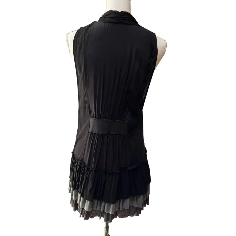 Free People Medium Layered Open Front Sleeveless Duster Vest Boho Black Gray